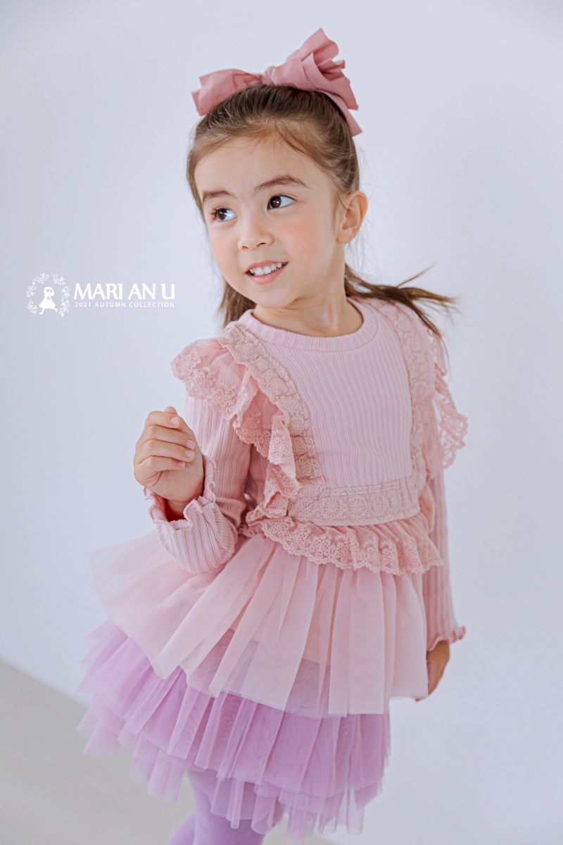 韓國 Mari an u - 荷葉蕾絲滾邊針織網紗拼接上衣-粉紅