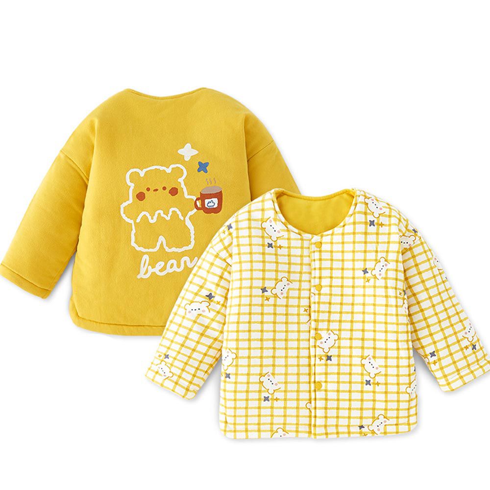 加厚鋪棉保暖兩穿外套-格紋+熊熊-黃色
