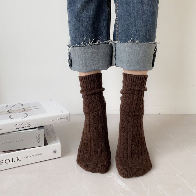 韓國Marian - 花紋素色羊毛保暖襪-芥茉黃 (Free)