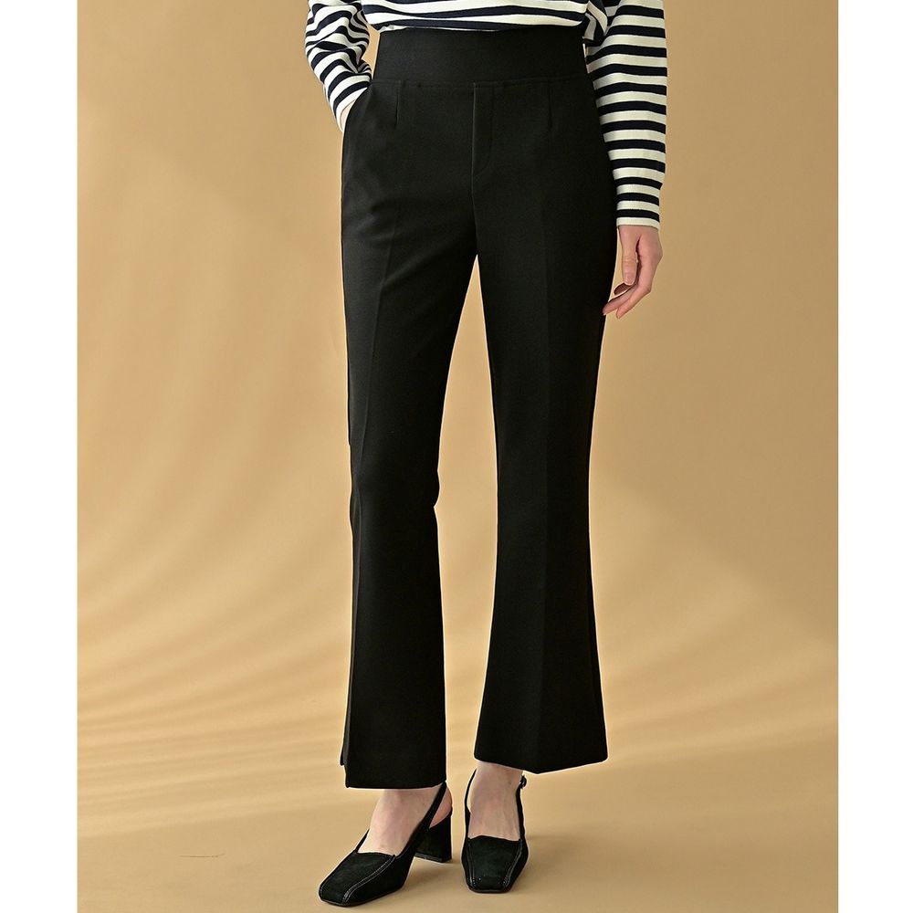 Domingoblue 彈性腰職感小開衩喇叭西裝褲-黑