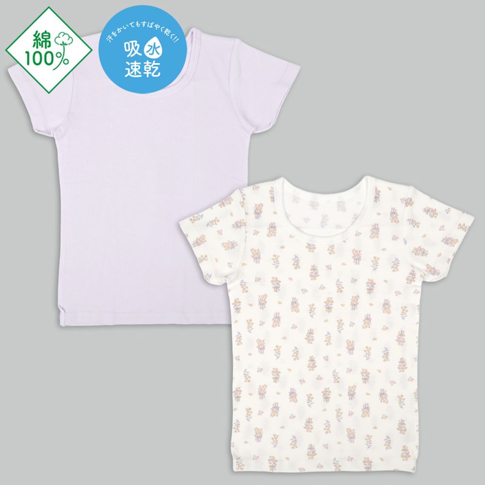 短袖圓領上衣2件組-小花-紫色