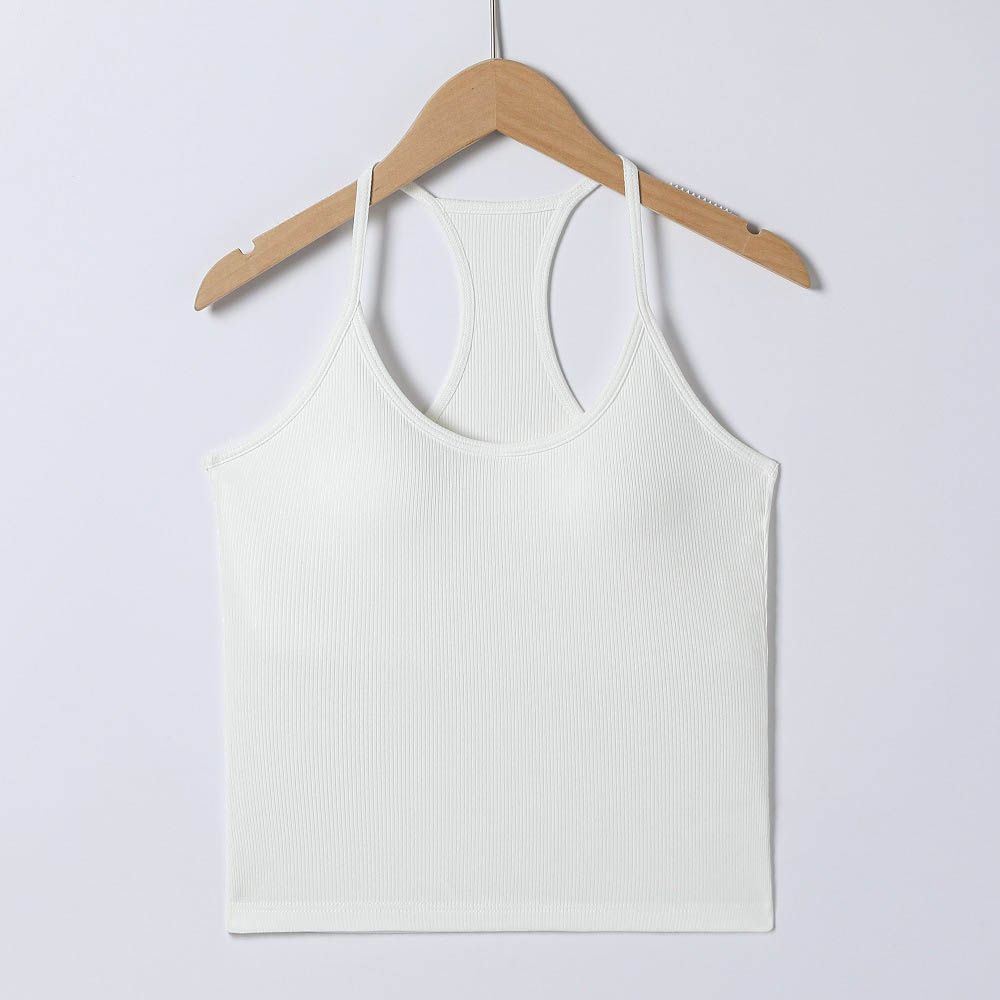 細肩帶挖背BRA TOP/附罩杯上衣-白色