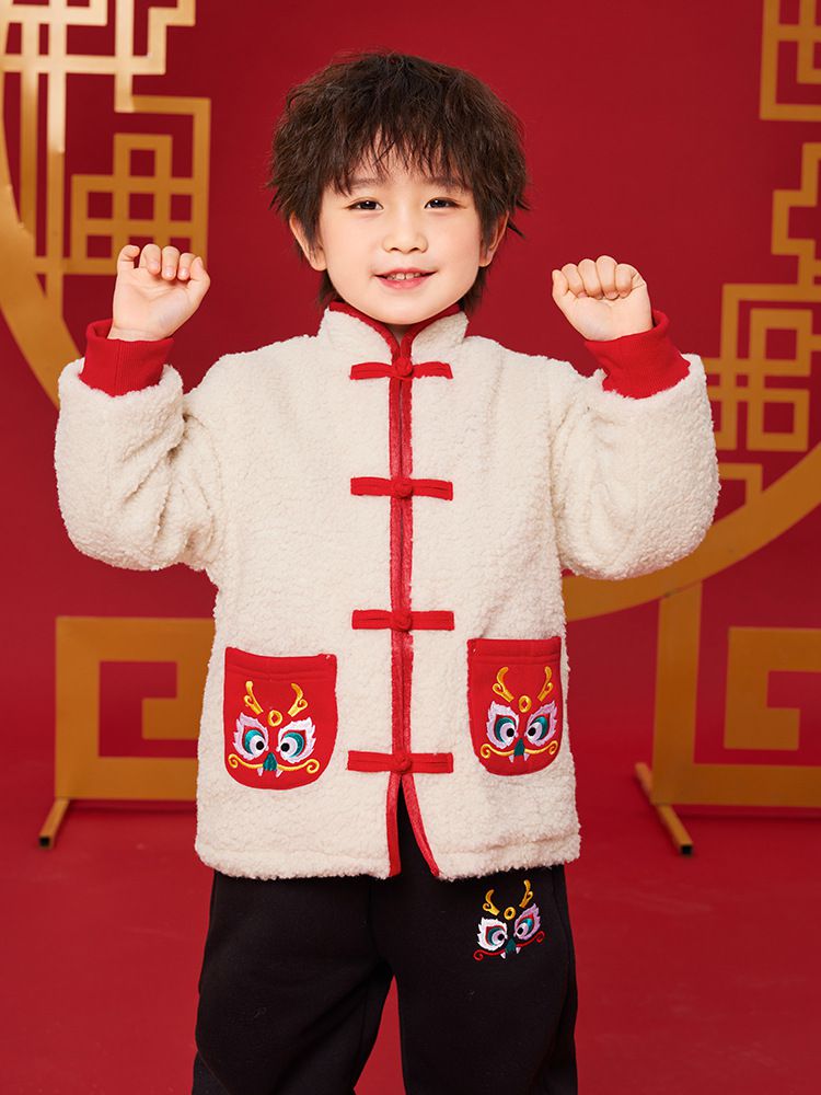 漢服風喜氣拜年立領盤釦外套-福氣龍口袋-米白色