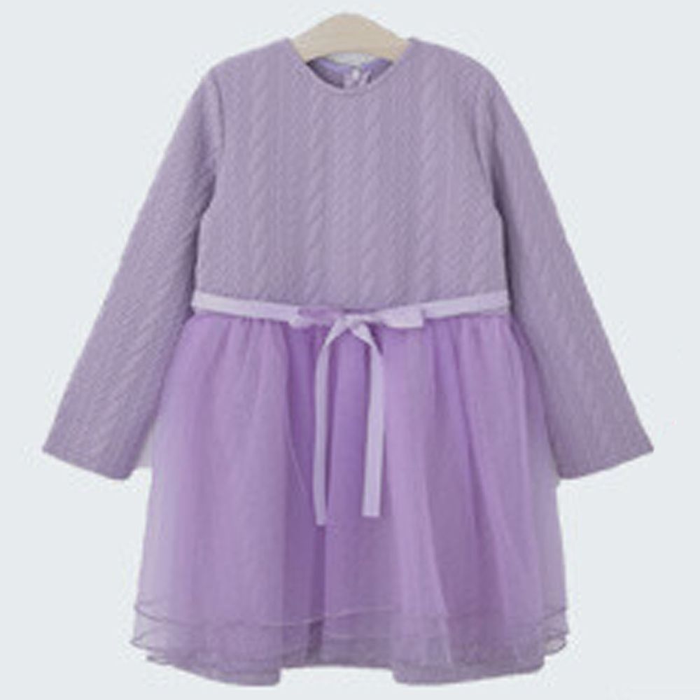 日本 Maison de Ravi - 針織紋拼接薄紗長袖洋裝-21'-薰衣草
