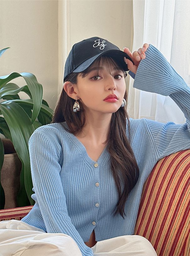 日本 GRL - 早春款V領花朵袖羅紋上衣/薄外套-天使白