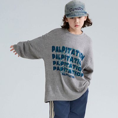 FULONGZAI - 純棉圓領寬鬆長袖上衣-字母印花-灰色