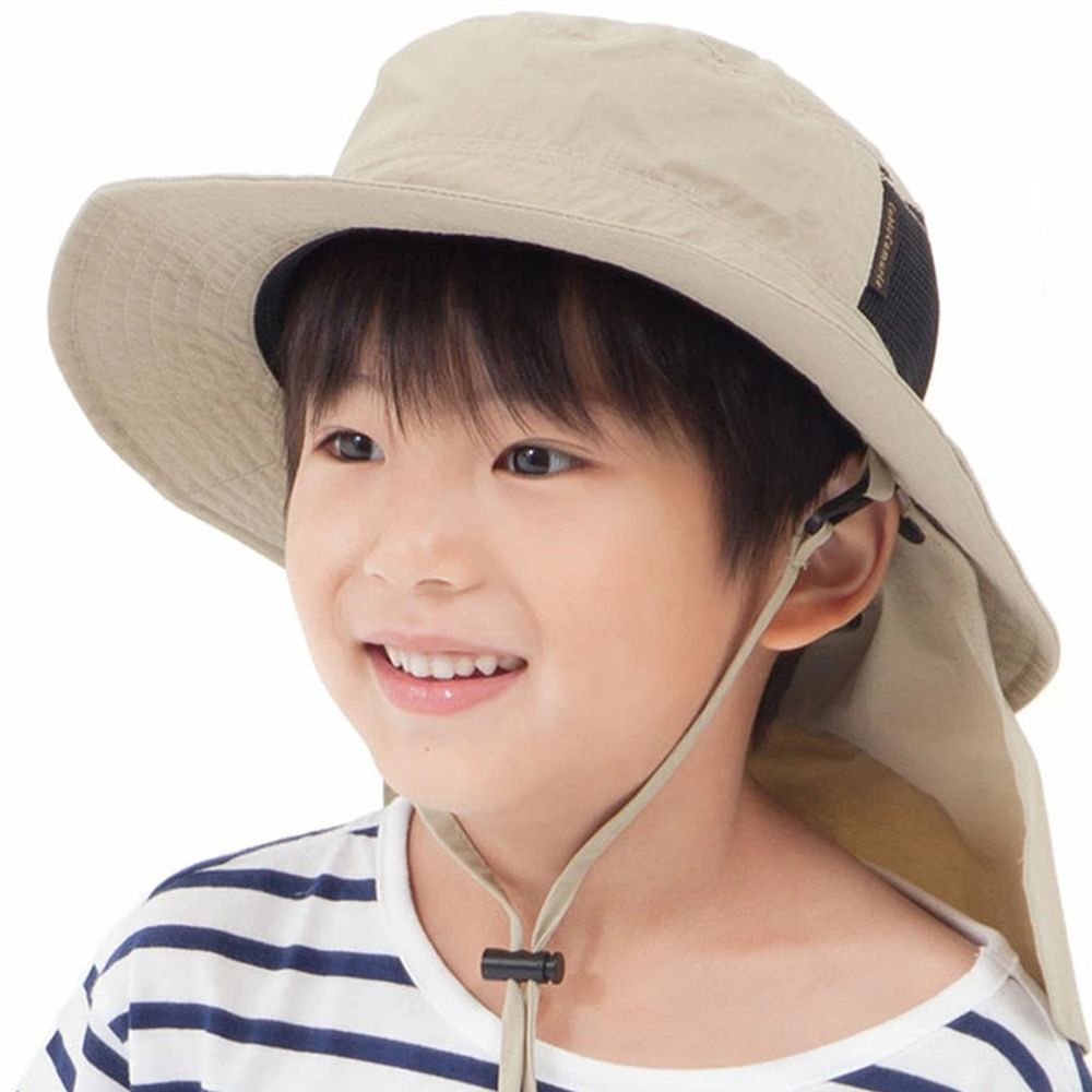 日本 irodori - 抗UV透氣遮陽帽(附防風帽帶/遮頸布)-兒童款-氣質杏 (約54cm)