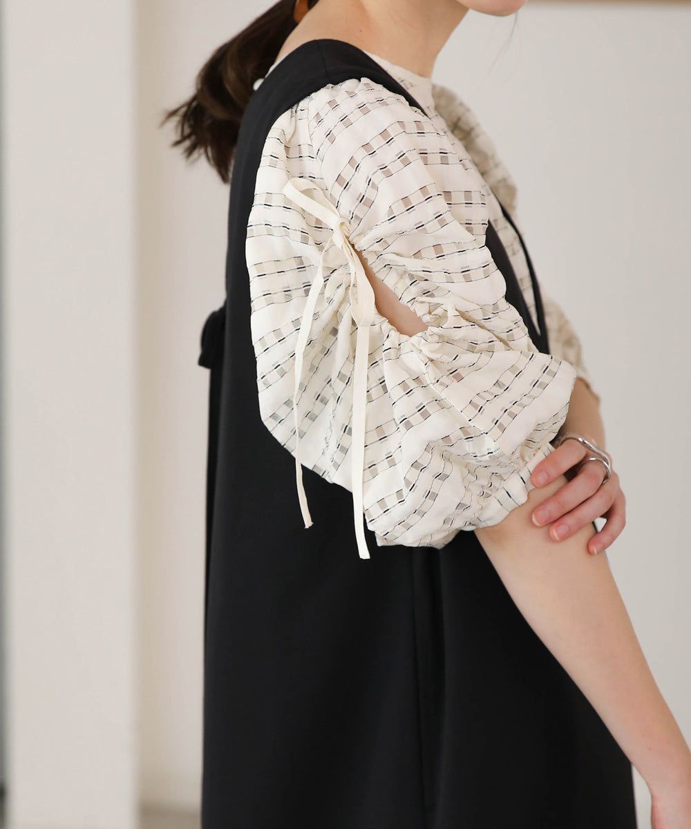 日本 Bab - 甜美格紋抽繩澎澎袖上衣-米杏