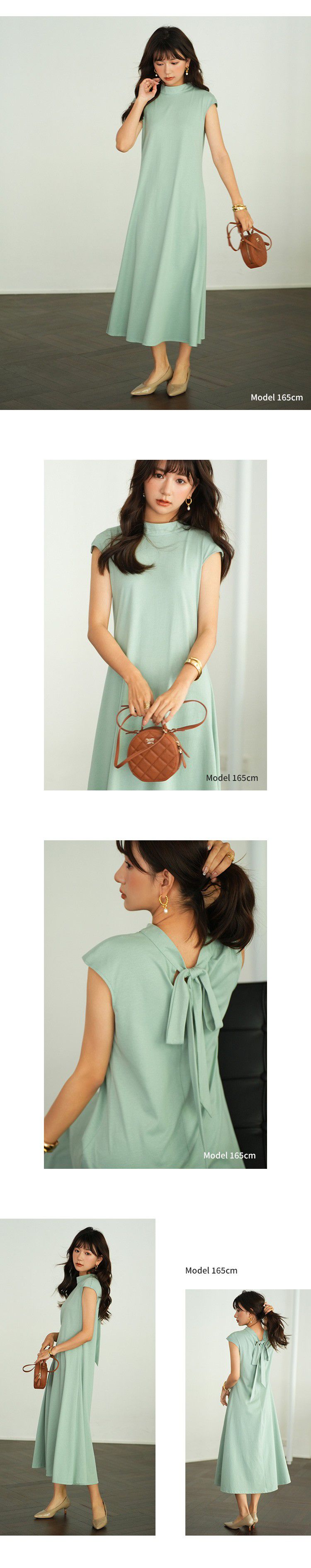 日本女裝代購 - 優雅扭結法式袖修身洋裝-薄荷綠