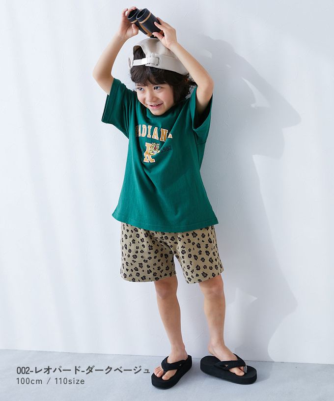 日本 devirock - 夏日印花純棉寬版短褲-植物與鳥-淺米棕