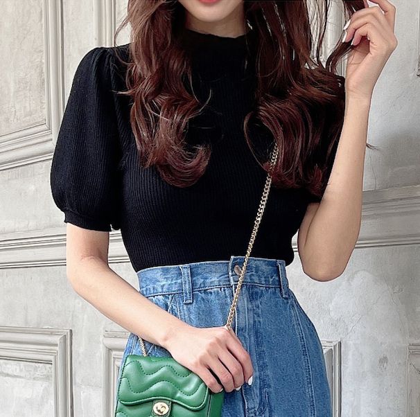 日本 GRL - 聯名款 彈性羅紋泡泡短袖上衣-珊瑚橘