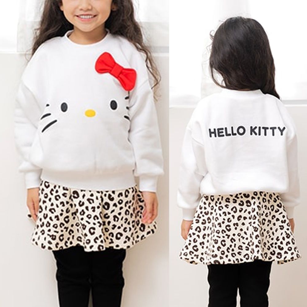立體聯名角色裏起毛長袖上衣-大臉卡通人物Kitty-白