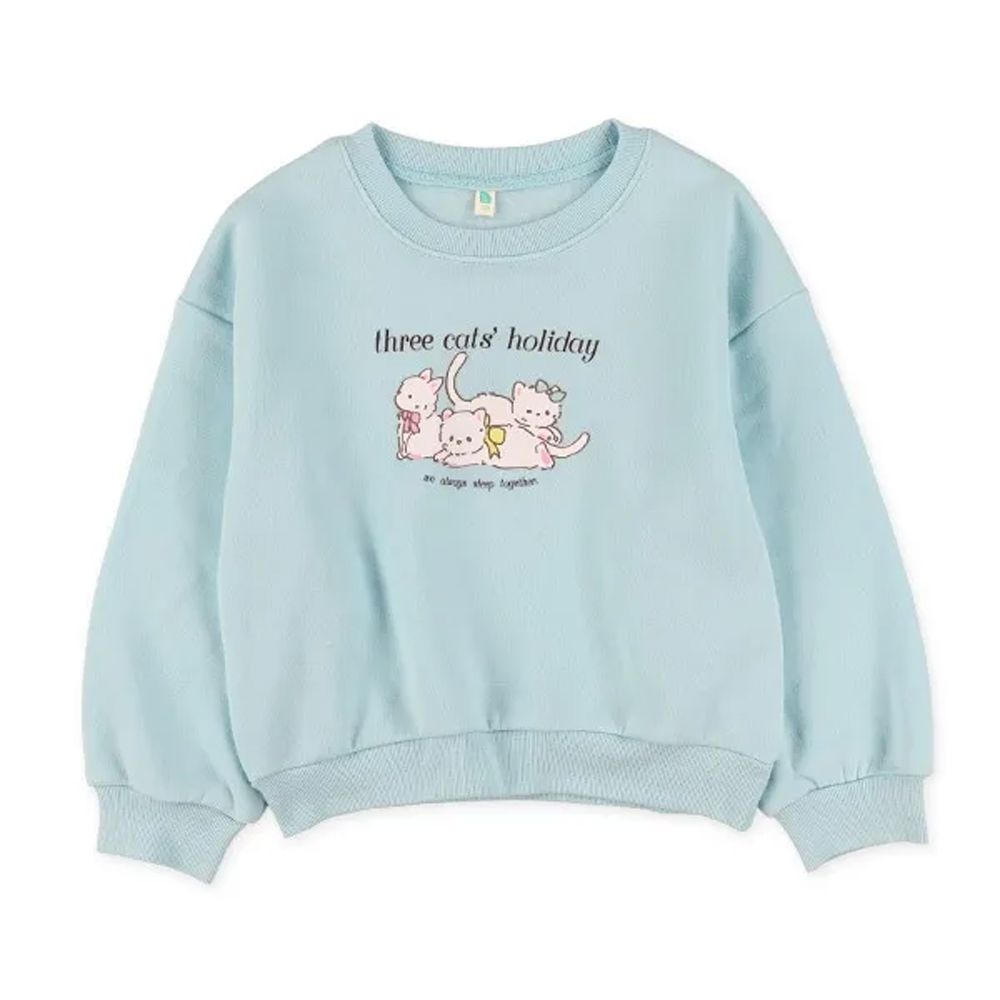 裏起毛 貓貓印花保暖長袖上衣-水藍