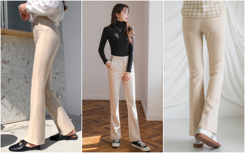 韓國 ENVYLOOK - 隱形釦打褶微喇叭褲-黑