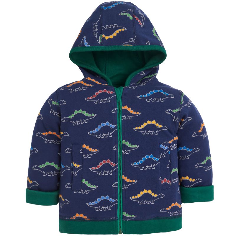 英國 JoJo Maman BeBe - 雙面穿100%純棉保暖連帽外套-淘氣恐龍