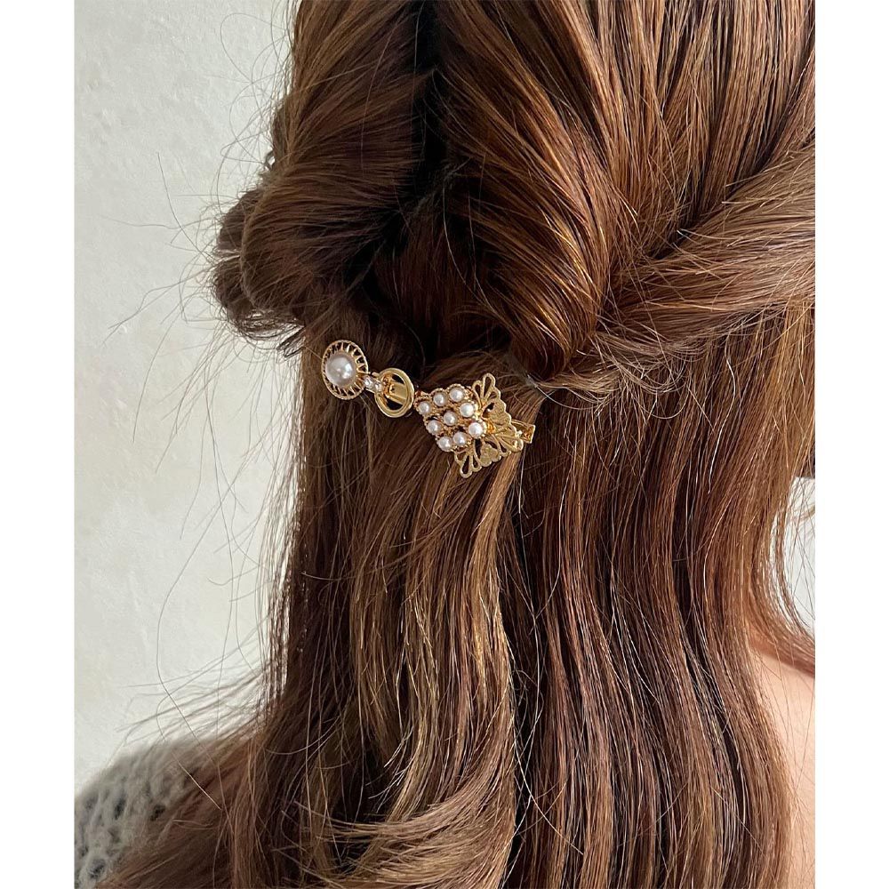 日本 Lattice - 古典美雕花珍珠一字髮夾-金色系