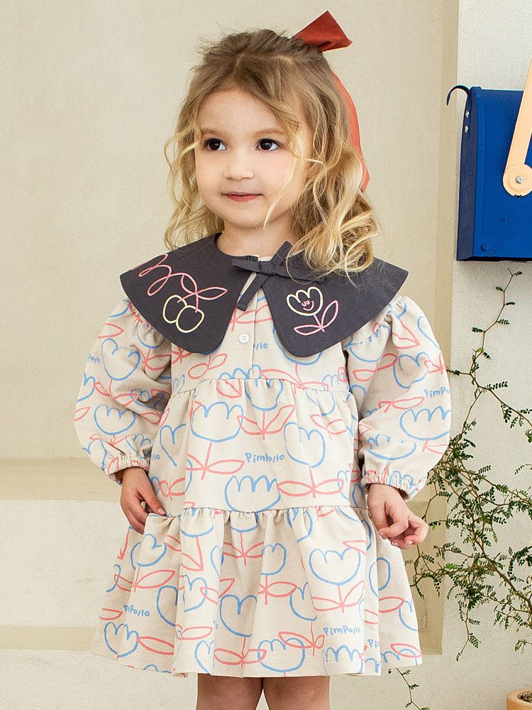 韓國Pimpollo - 可拆翻領可愛花朵洋裝-灰