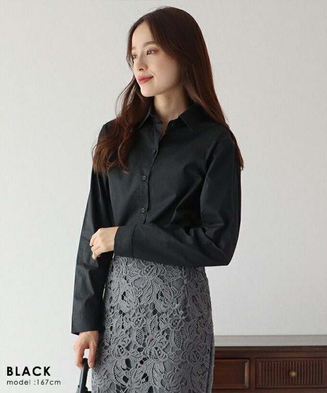 日本 BLUE EAST - 俐落短版翻領長袖襯衫-黑