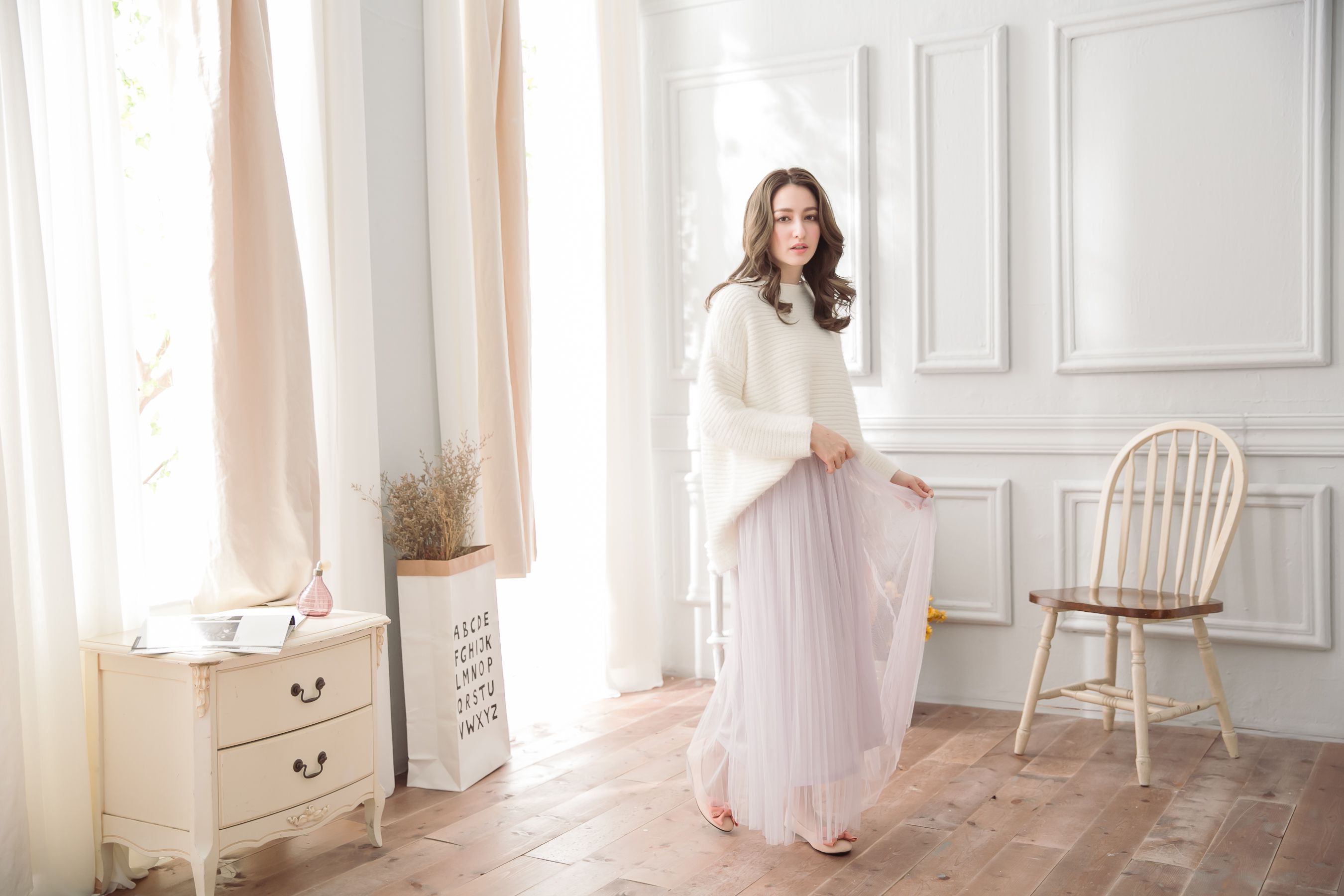 Peachy - 獨家訂製綿柔優雅綁帶百褶紗裙-綁帶百褶版-淺芋灰 (F)