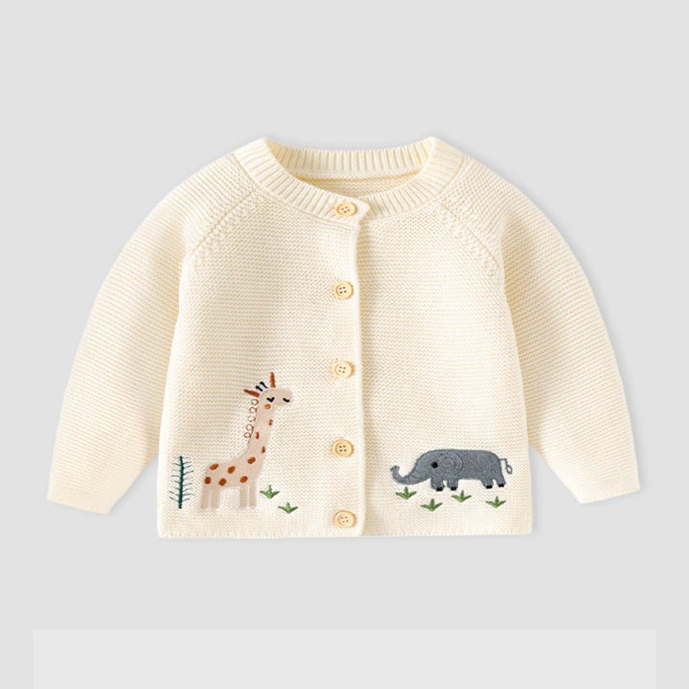 純棉圓領針織排釦外套-快樂動物-米白
