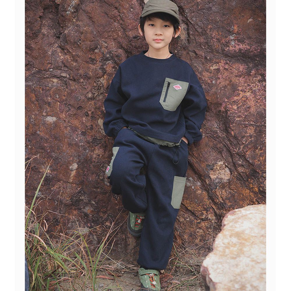 純棉華夫格長袖+長褲兩件式套裝-撞色口袋-藏青