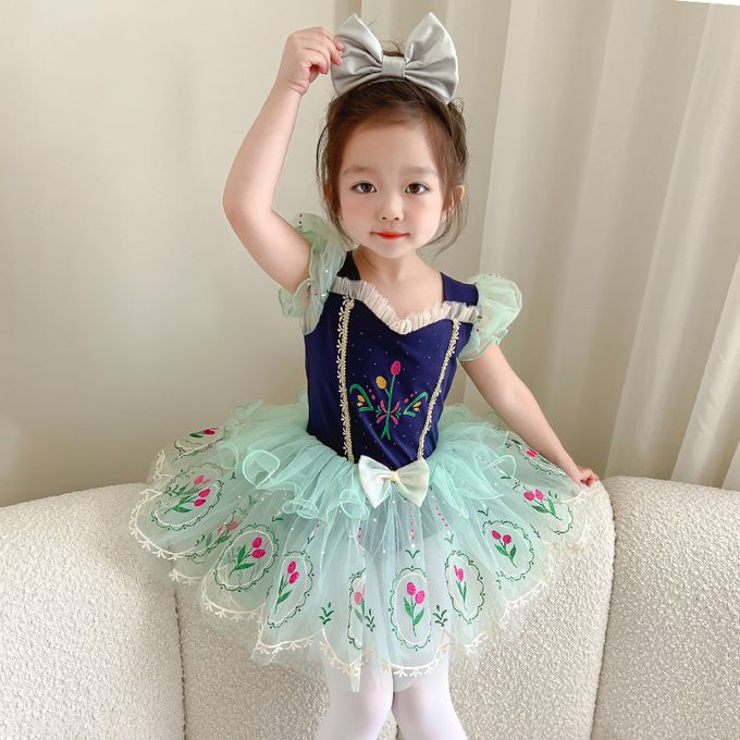 短袖造型公主裙/芭蕾舞裙-卡通人物-安娜-藍+綠