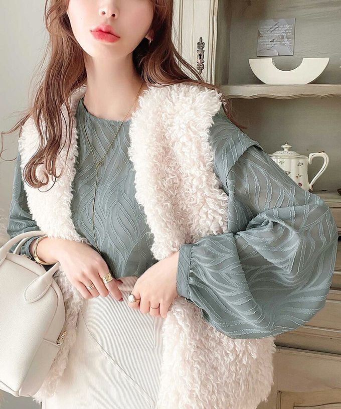 日本 Classical Elf - 波光粼粼刺繡透膚2way長袖襯衫-冰河藍