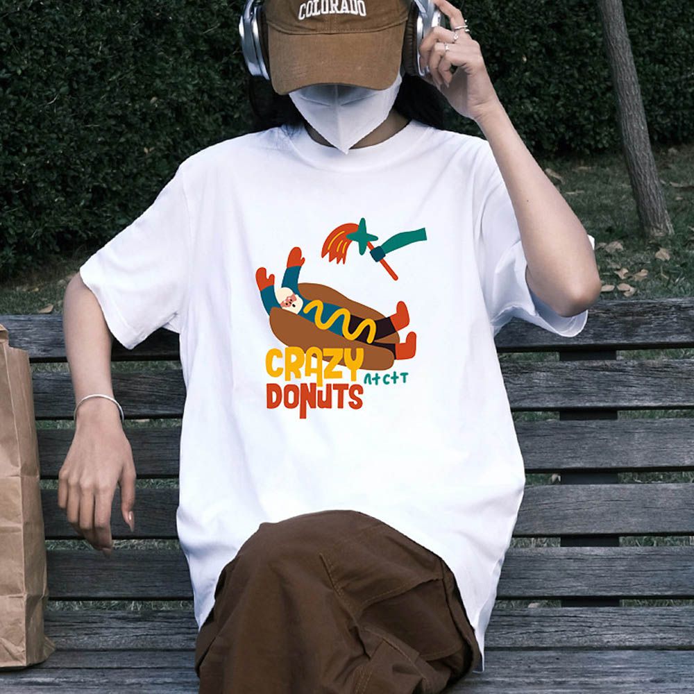 純棉寬版印花T恤-熱狗-白色