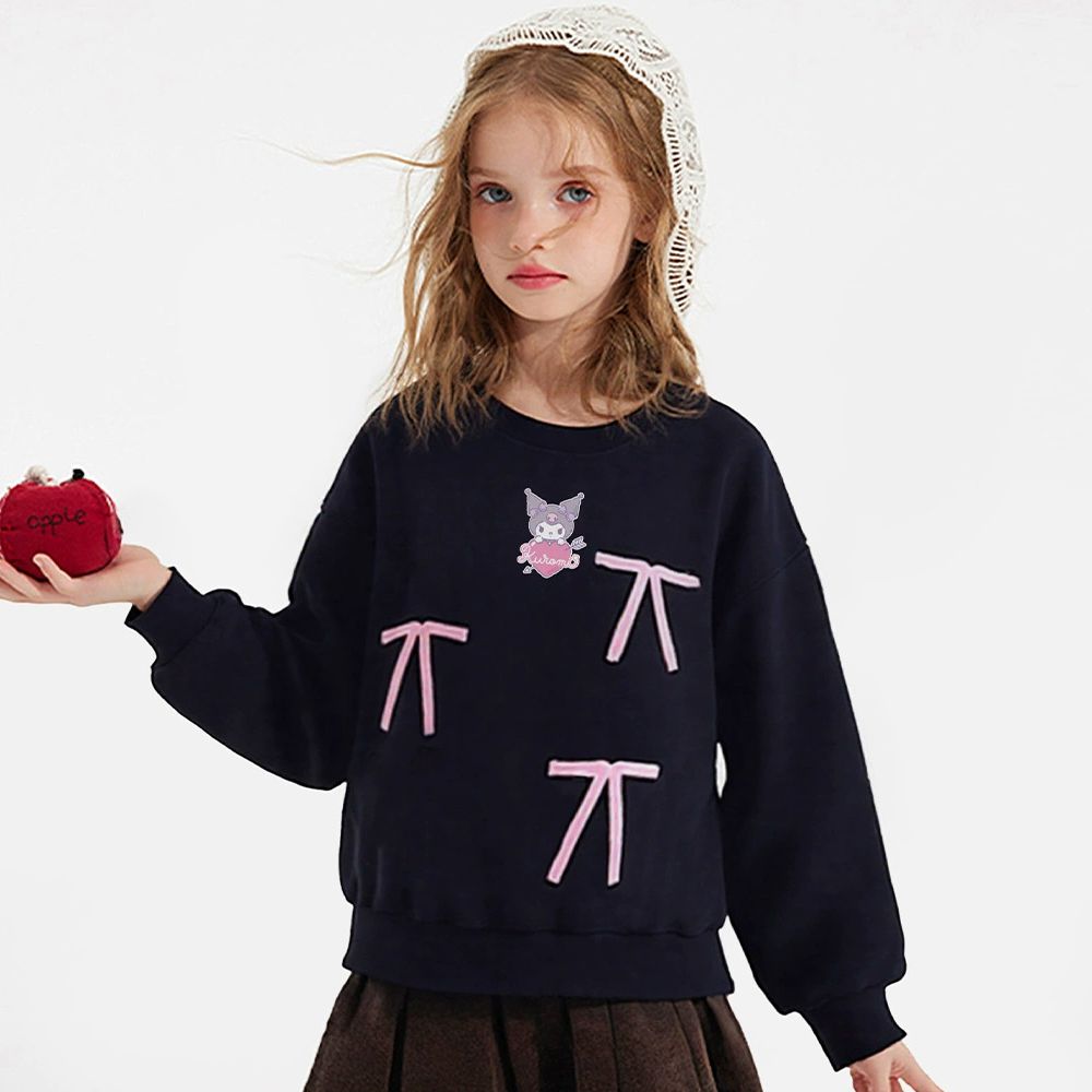 甜美蝴蝶結長袖上衣/大學T-卡通人物酷洛米-黑色