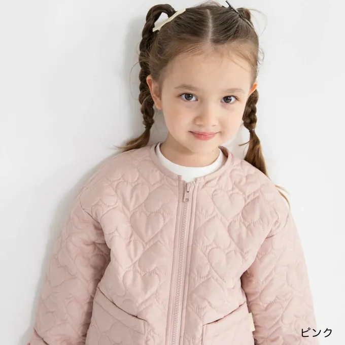 日本 BRANSHES - 甜美心型絎縫輕盈保暖無領外套(可機洗)-粉紅