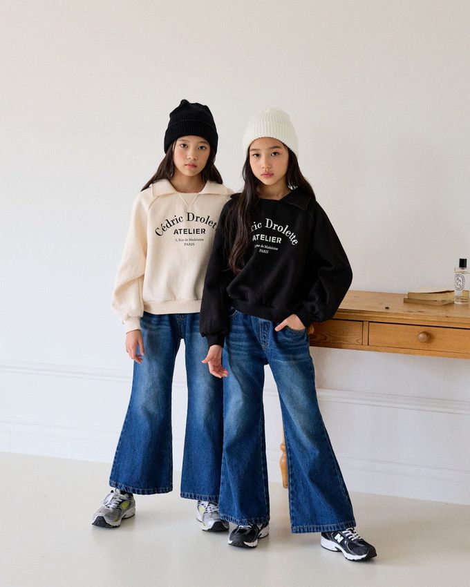 韓國 sm2 - 鬆緊腰後壓摺牛仔喇叭褲