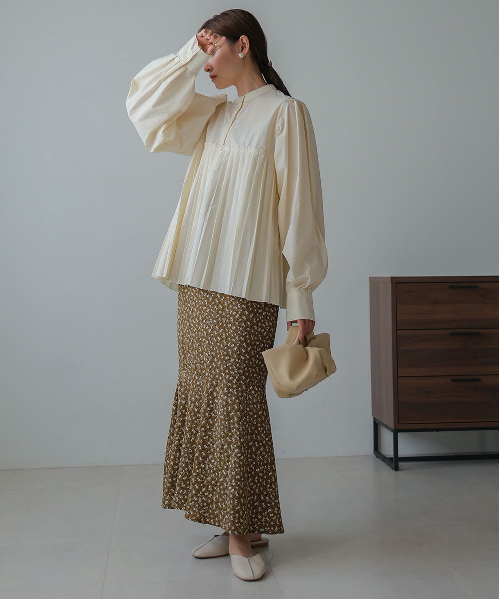 日本 Bab - 歐風百褶拼接泡泡袖襯衫-灰棕