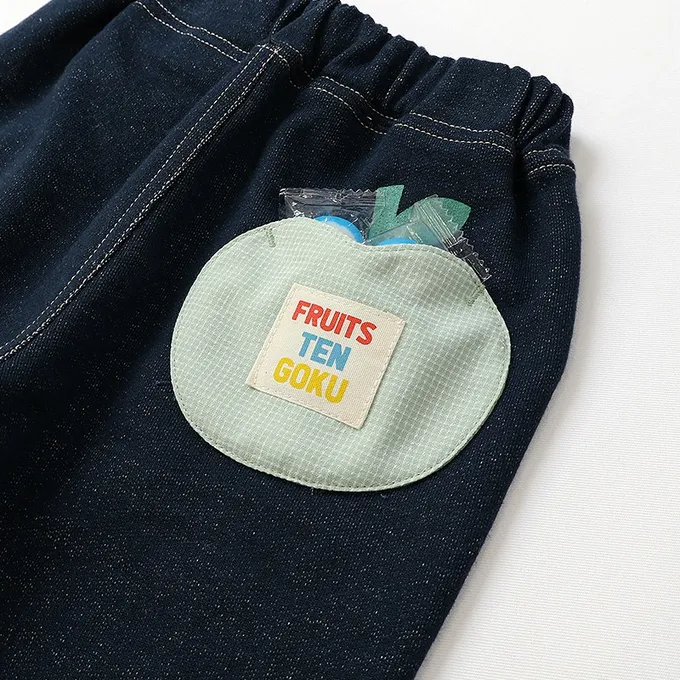 日本 ZOOLAND - 水果樂園 滿版印花摺邊七分褲-蘋果-海軍藍