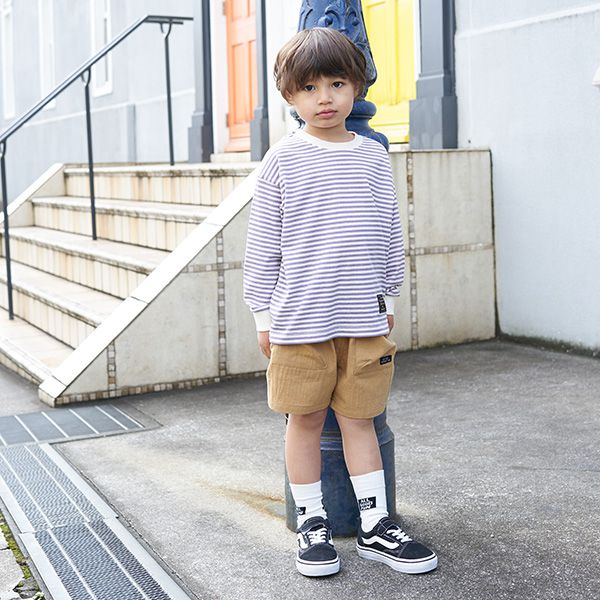 日本 b-ROOM - 100%棉 下擺品牌標籤條紋長袖上衣-黑