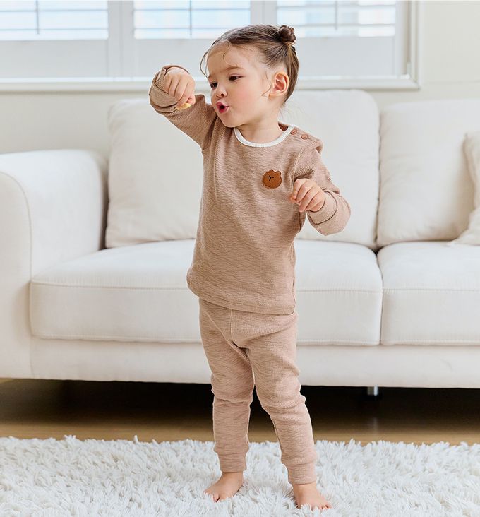 韓國 Cordi-i - 彈性腹卷睡衣套裝-熊熊-拿鐵咖