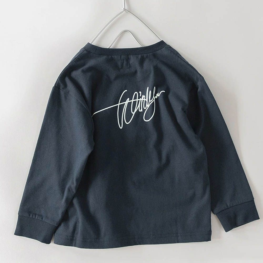 100%棉 可愛女孩印花長袖上衣-草寫LOGO-海軍藍