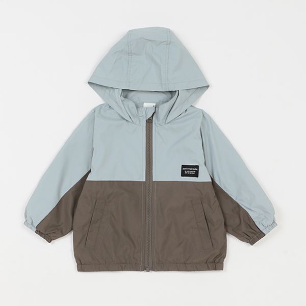 日本 petit main - 拼接雙色連帽輕量防風外套-淺黃x薄荷
