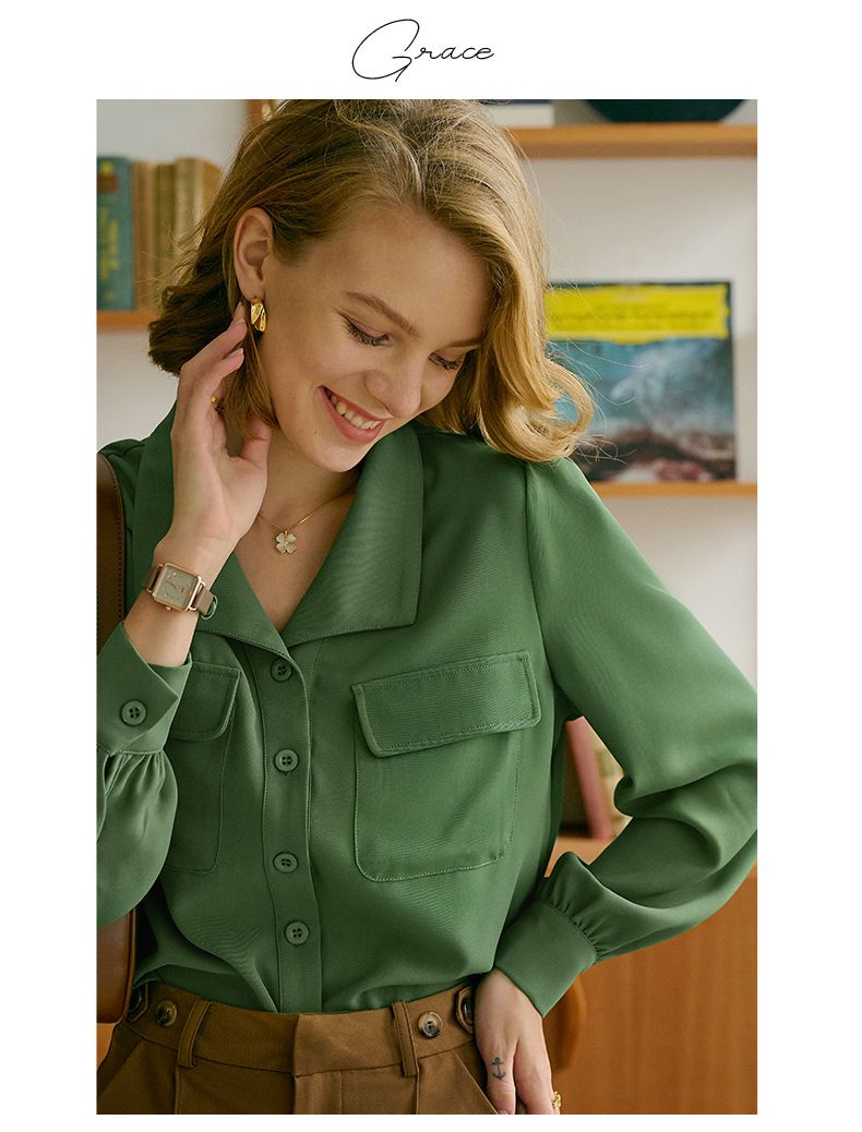 復古棉質口袋長袖襯衫-抹茶綠