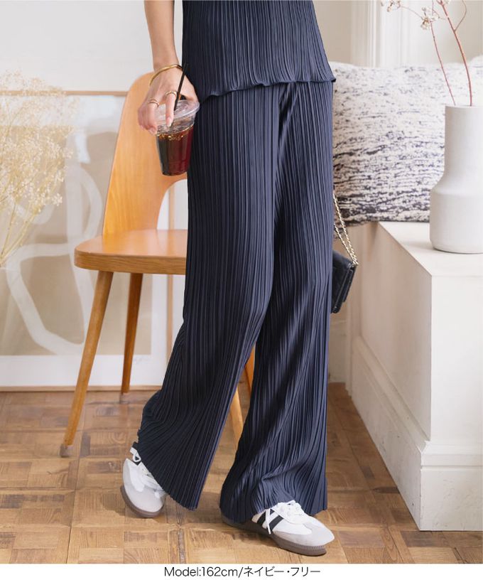 日本 Kobe Lettuce - [可剪裁]優美細坑條休閒寬褲-海軍藍