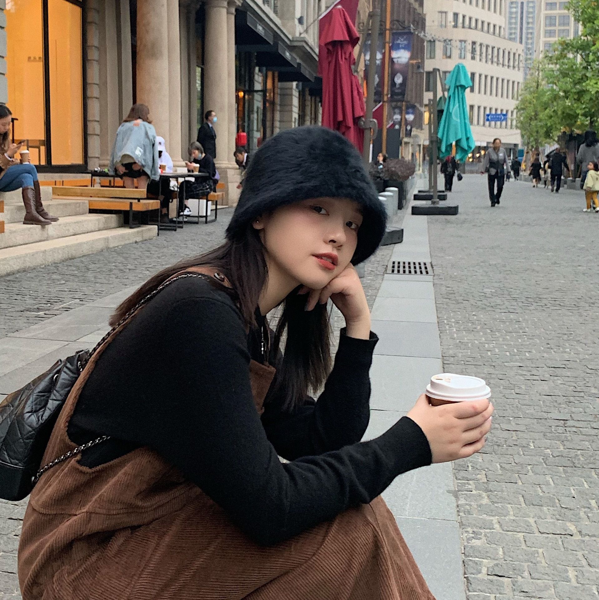 復古百搭絨毛漁夫帽-黑色 (M(56-58cm))