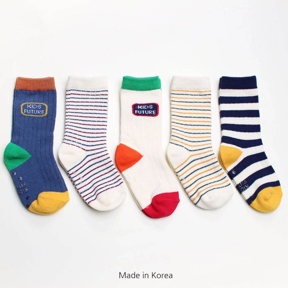 (五入組)韓製兒童中長筒襪-拼色X條紋