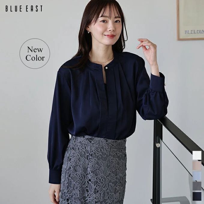 日本 BLUE EAST - 2way領知性整潔感打褶長袖上衣-珍珠袖扣-藍