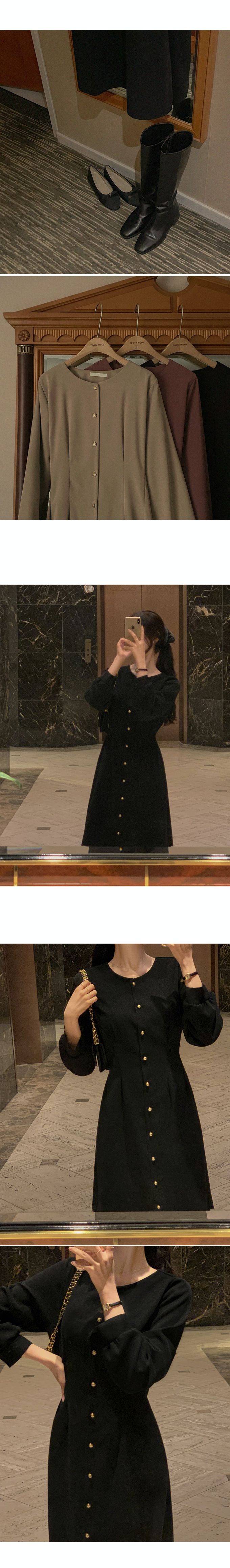 韓國女裝代購 - 霧面質感金釦點綴修飾連身洋裝-乾燥玫瑰粉 (FREE)