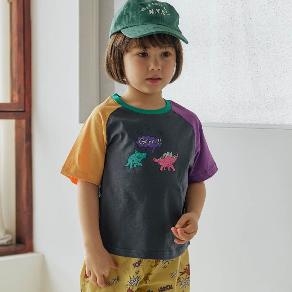 三角龍X劍龍撞色短袖上衣-橘黃X黑灰X紫