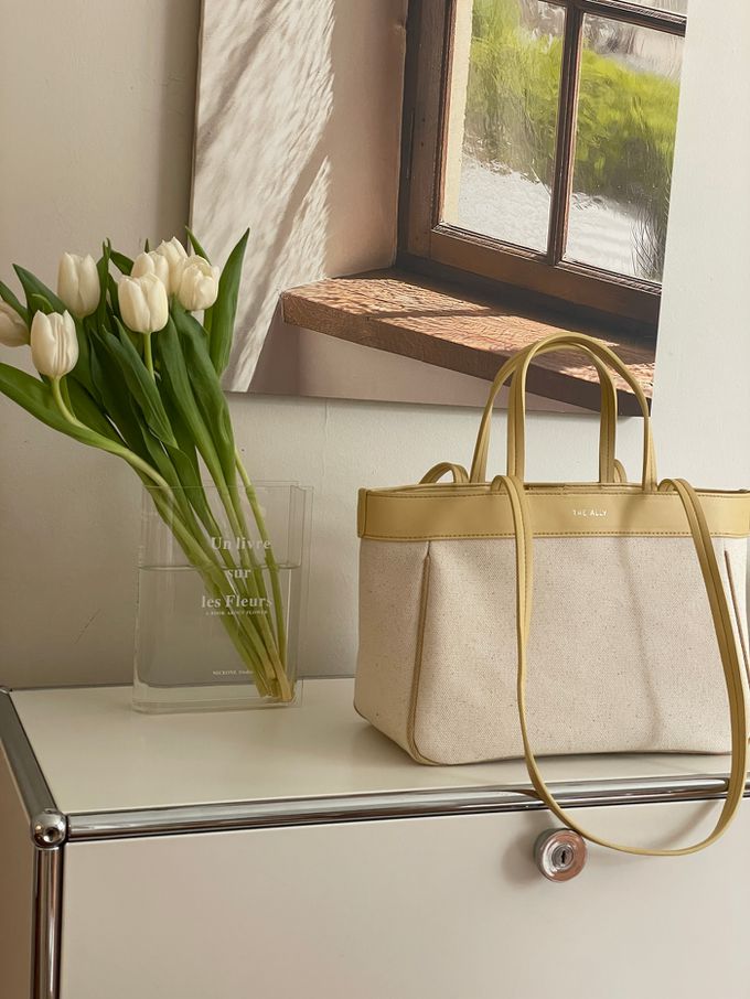 韓國 THEALLY - 經典帆布包手提/肩背包-奶油黃