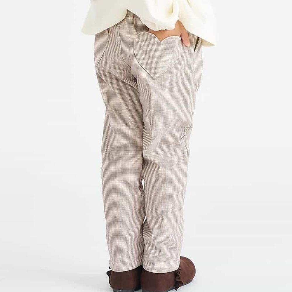 愛心口袋裏起毛保暖長褲-米杏格紋