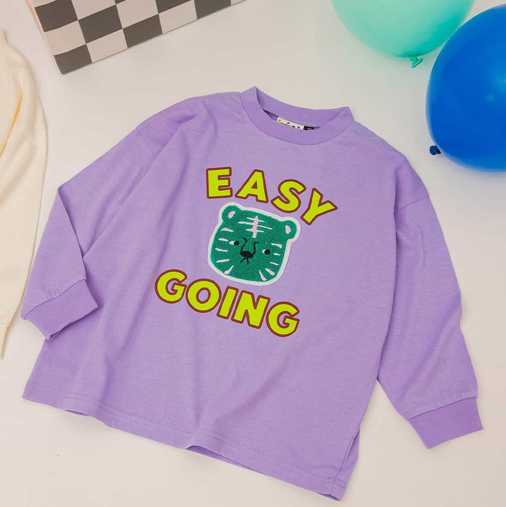 俏皮立體刺繡長袖上衣-綠色老虎-紫