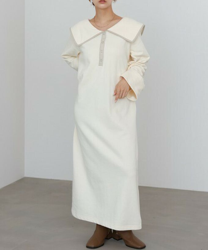 日本 Bab - 滾邊個性大翻領休閒長袖洋裝-象牙