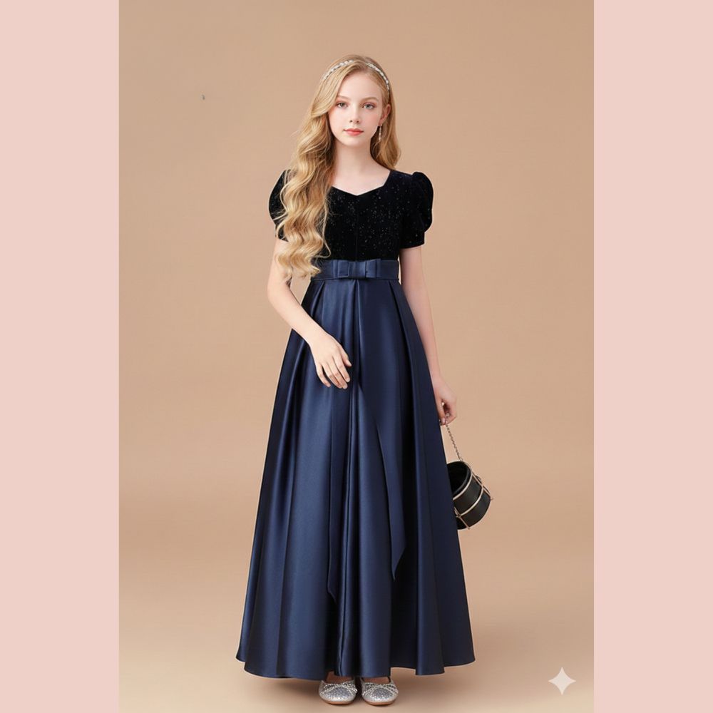 歐美系典雅蔥粉點綴絲絨短袖婚紗緞長禮服-藏青色