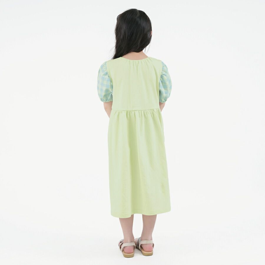 日本 evercloset - 溫柔方領格子袖長版洋裝-紫粉紅